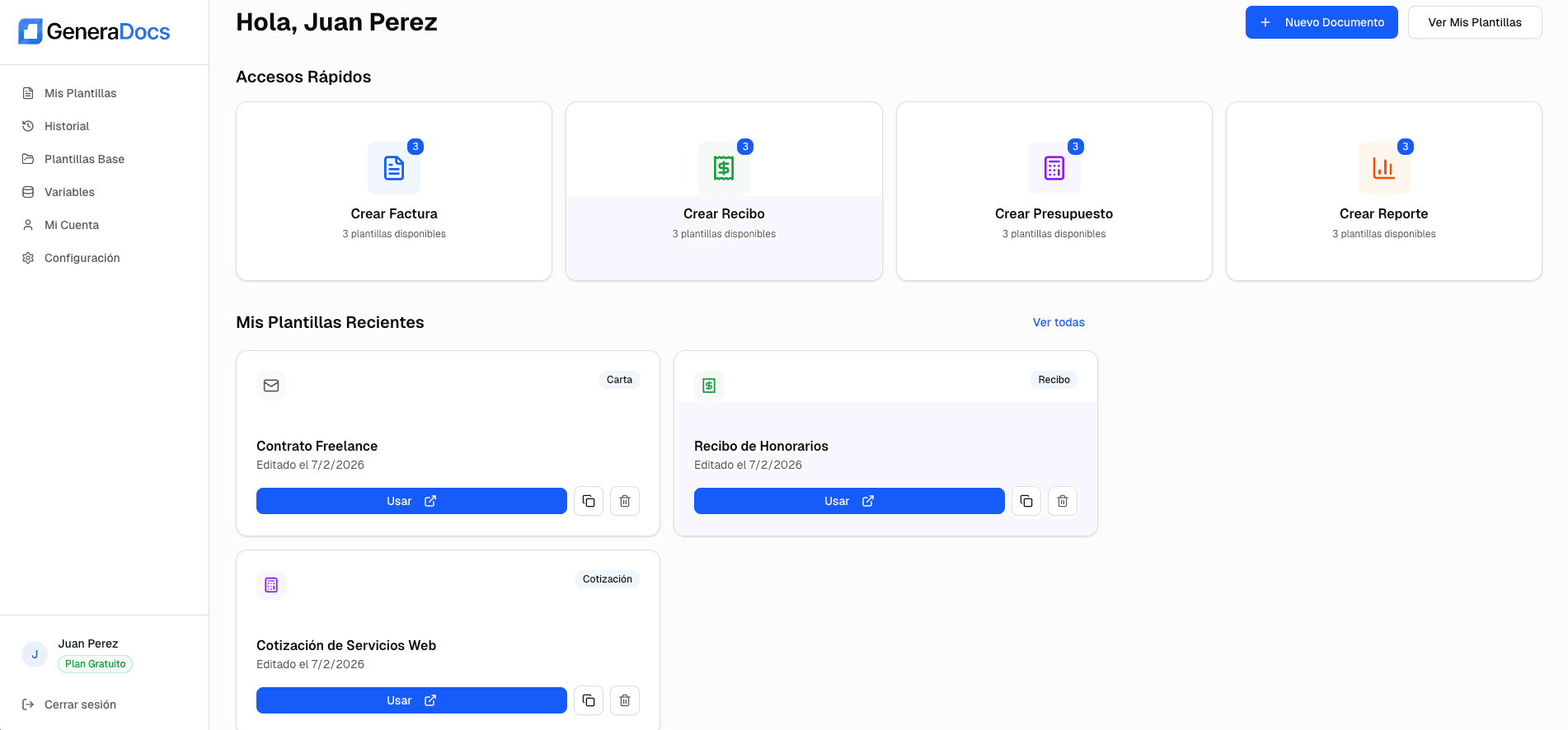 Plataforma GeneraDocs — genera cotizaciones, contratos y recibos profesionales