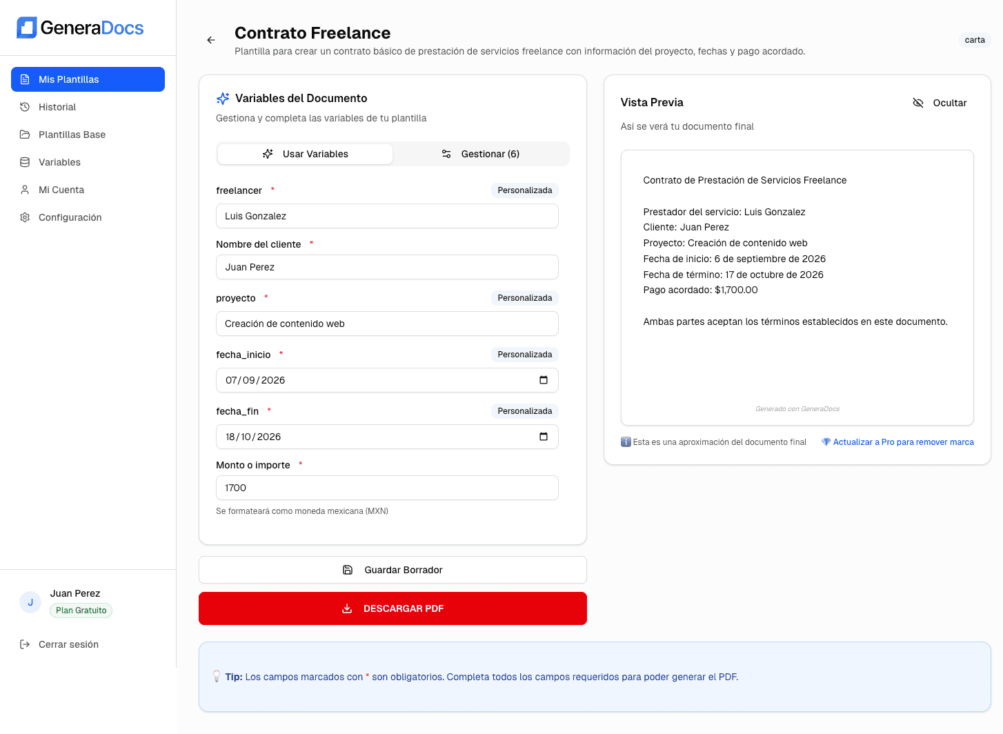 Editor de variables de GeneraDocs